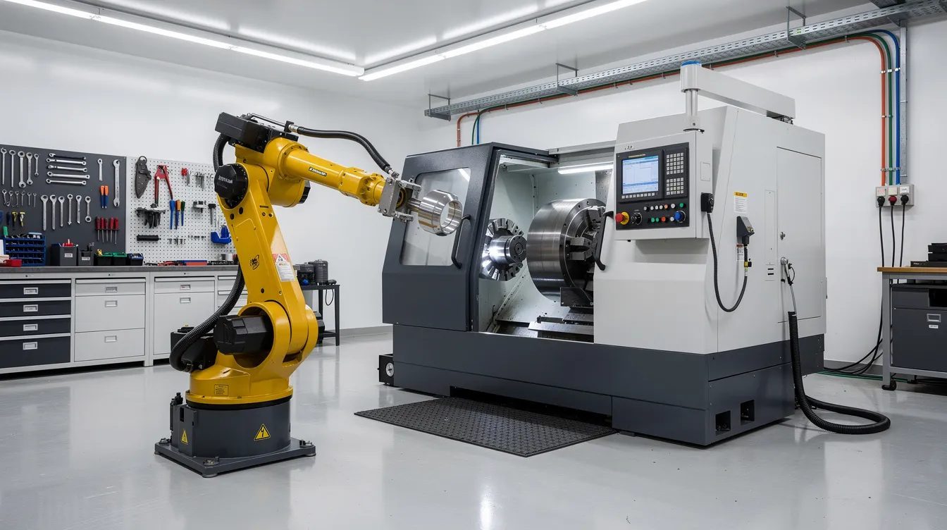 Automated CNC machining — robotic arm loading a CNC turning machine, Manchester precision engineering, Elmax Engineering Stockport