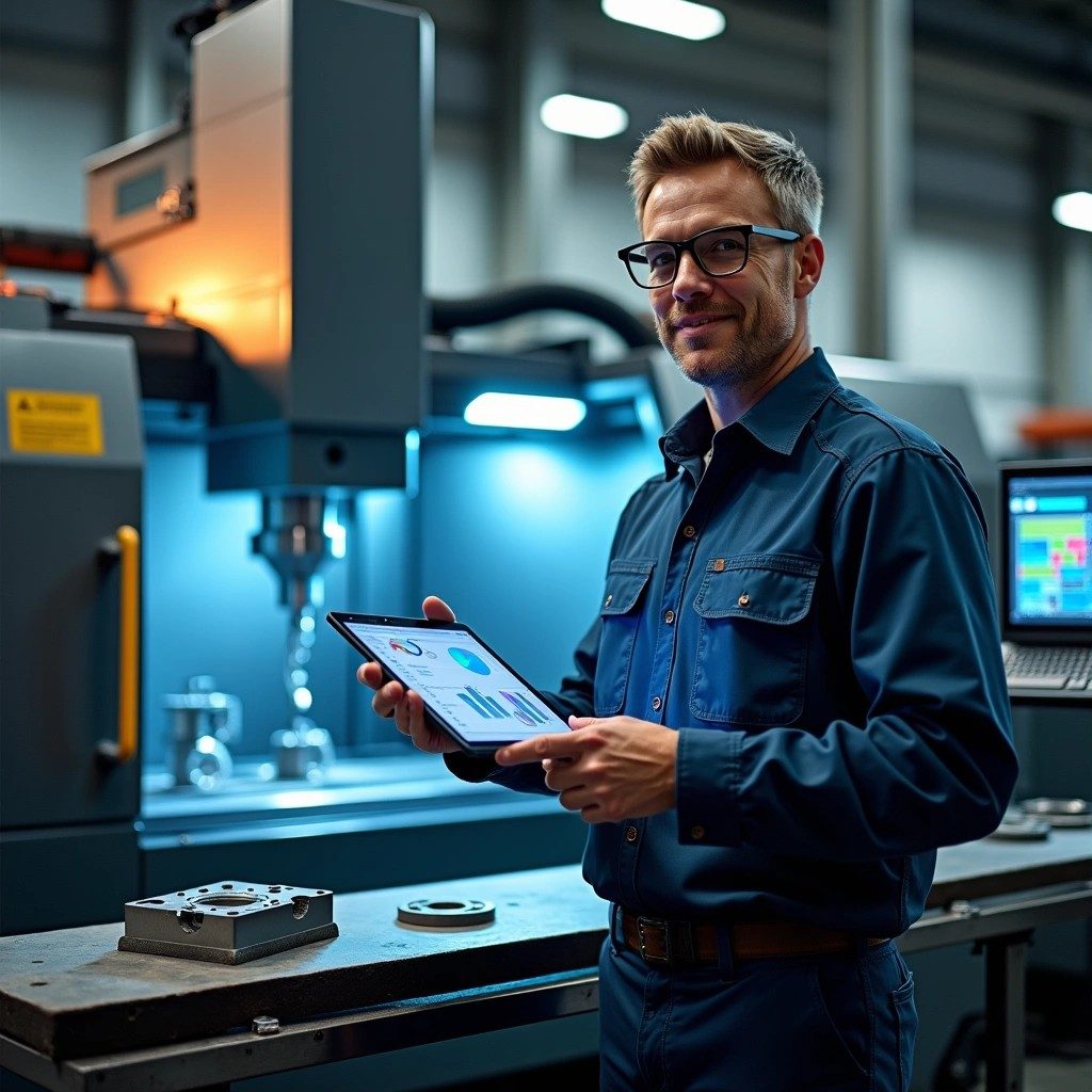 Automation in CNC machining — a skilled machinist using a tablet beside a CNC machine, Manchester precision engineering, Elmax Engineering Stockport
