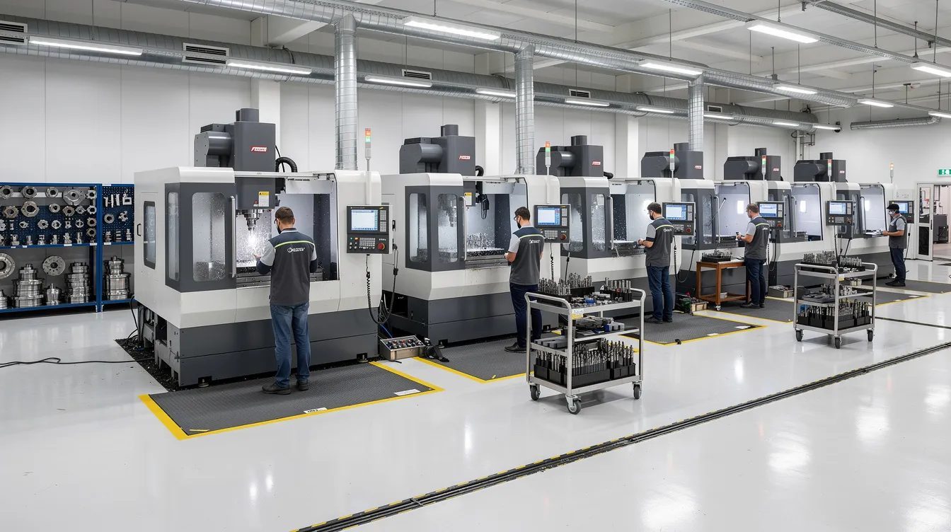CNC machining workshop Manchester — operators running CNC milling machines in a precision engineering shop, Elmax Engineering Stockport