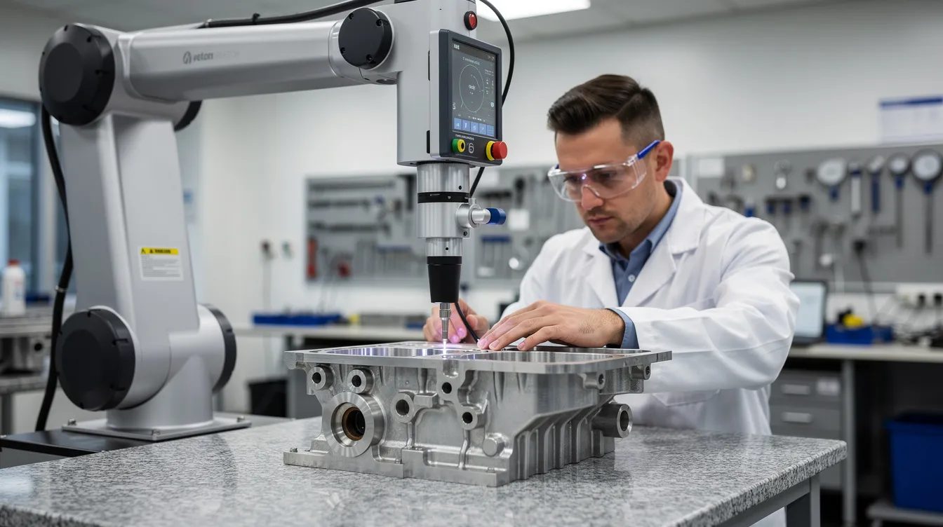 CNC quality control and inspection — measuring a precision machined part, Manchester precision engineering, Elmax Engineering Stockport