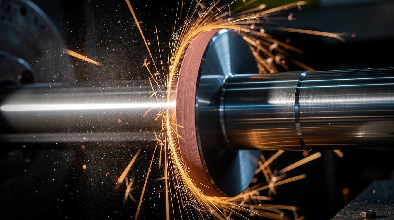Cylindrical grinding — precision CNC machining of a steel shaft with sparks, precision CNC machining services, Elmax Engineering Stockport