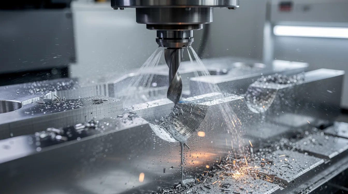 Engineering facts CNC machining — CNC drilling with coolant and chips, Manchester precision engineering, Elmax Engineering Stockport