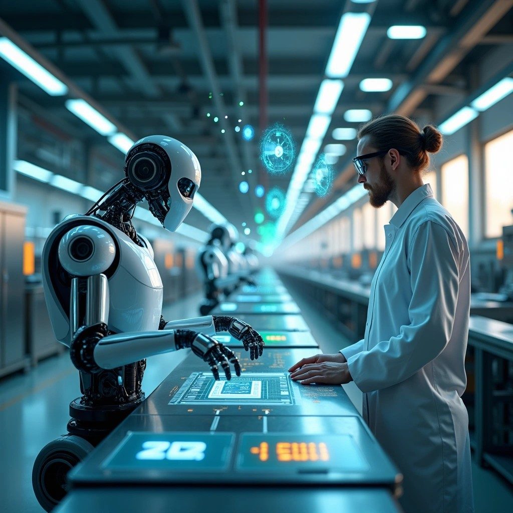 Future of AI in manufacturing — a robot and engineer working together on a smart factory line, illustrating AI in CNC machining and Manchester precision engineering