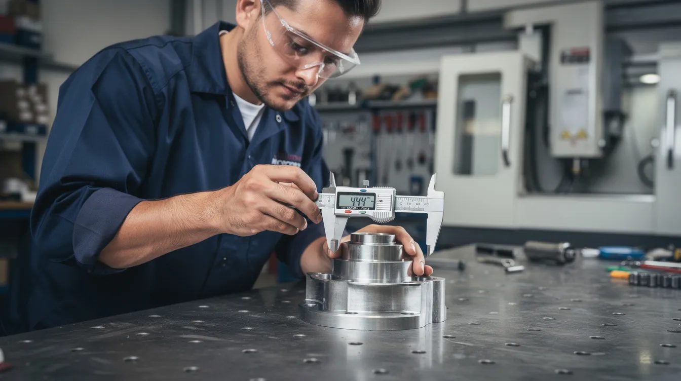 Precision CNC machining quality inspection — engineer measuring a machined component with calipers, Elmax Engineering Stockport
