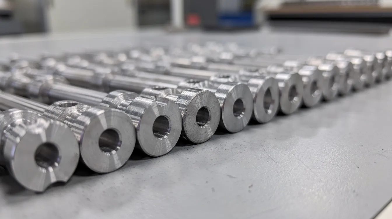 Precision machined components — row of CNC turned components, Manchester precision engineering, Elmax Engineering Stockport